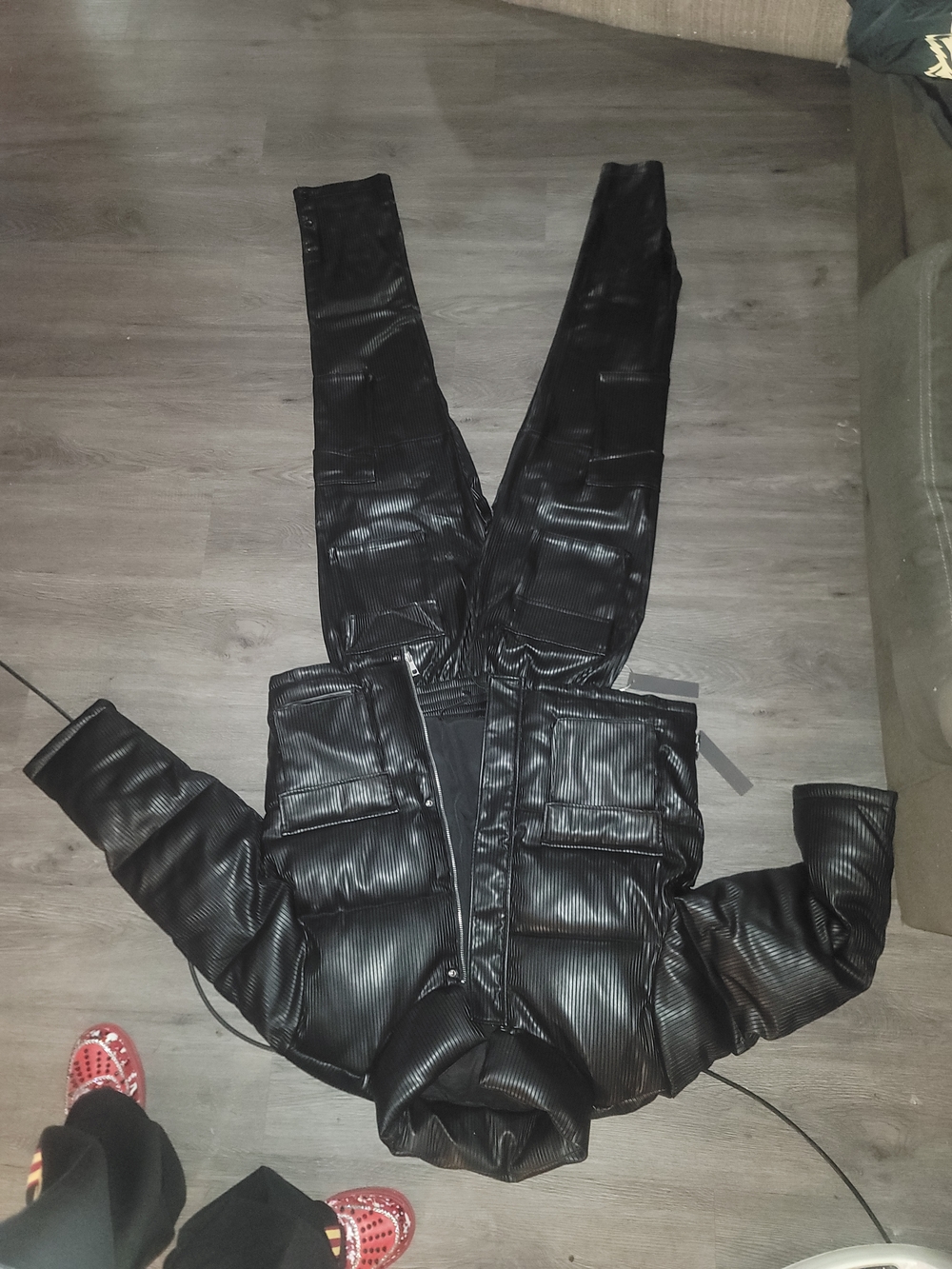 Black Leather Ribbed Puffer Jacket/ Matching Pants XL